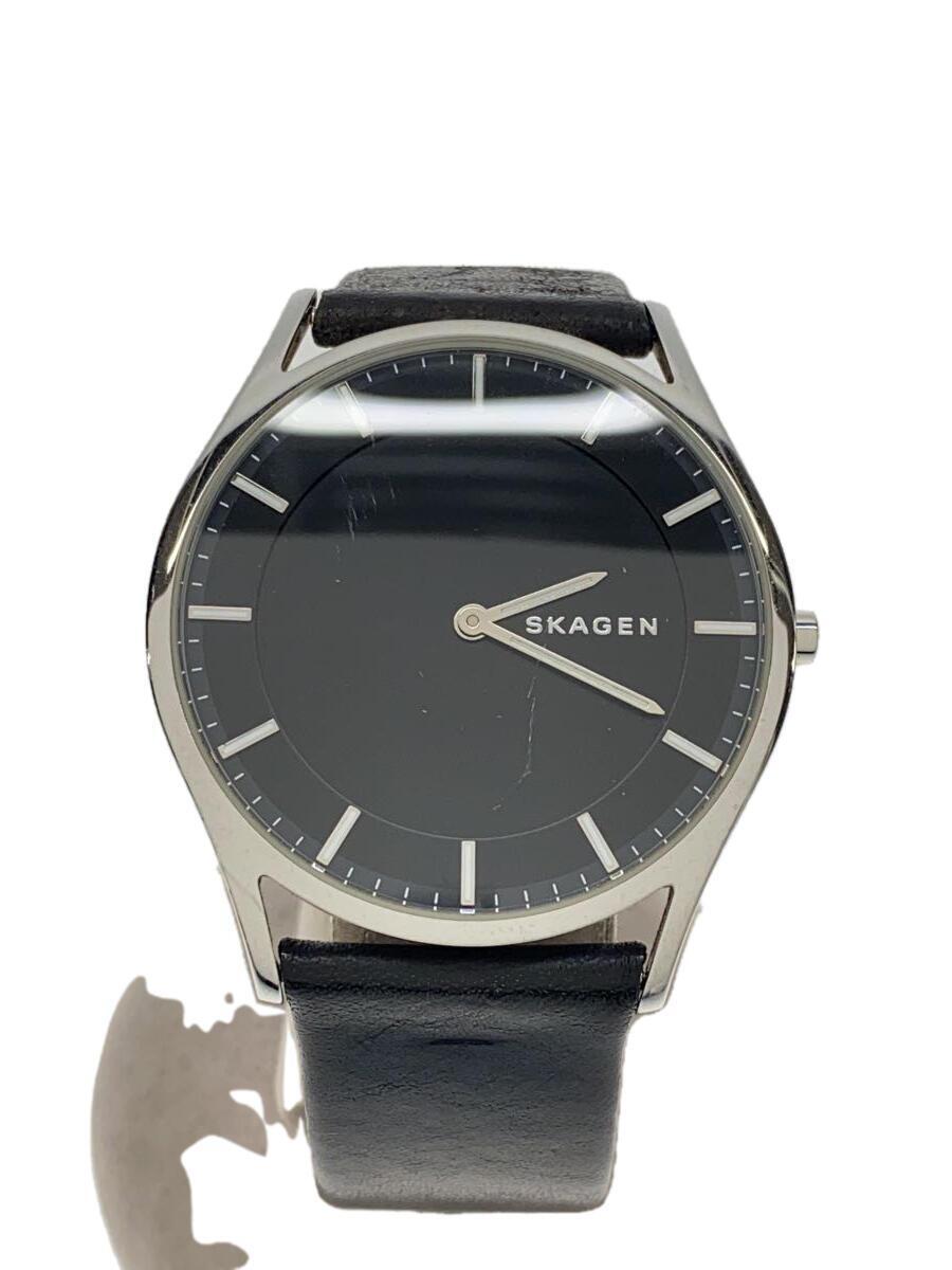 SKAGEN◆クォーツ腕時計/アナログ/レザー/BLK/BLK/SS/SKW6220_画像1