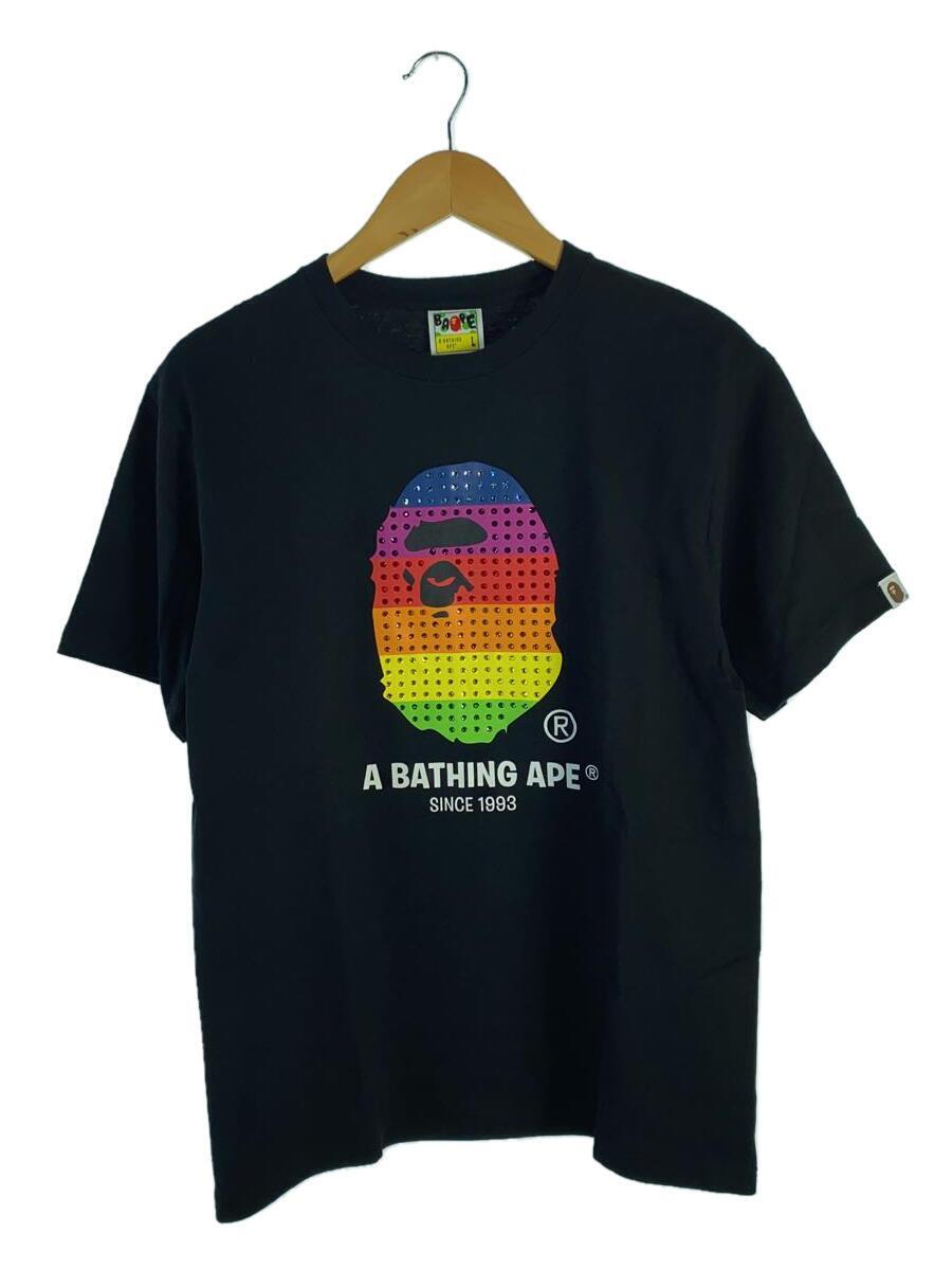 A BATHING APE◆RAINBOW APE HEAD SWAROVSKI TEE/Tシャツ/L/コットン/ブラック