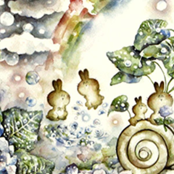 ★とみながまい『あめあそび』ジクレー 絵画 新品 作者サイン 風景画 動物 うさぎ 雨水 かたつむり【DG-C5713】