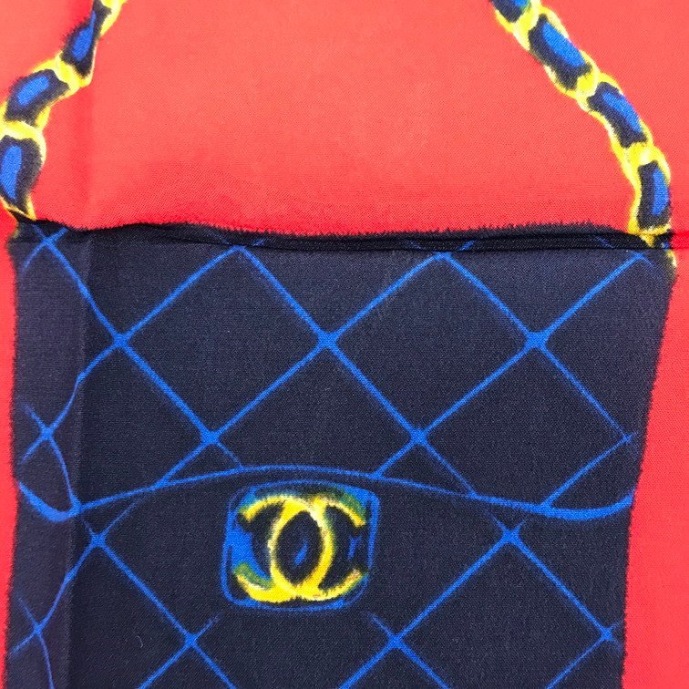 CHANEL シャネル スカーフ 紺色×赤 ココマーク バッグモチーフ【CABD6072】_画像8