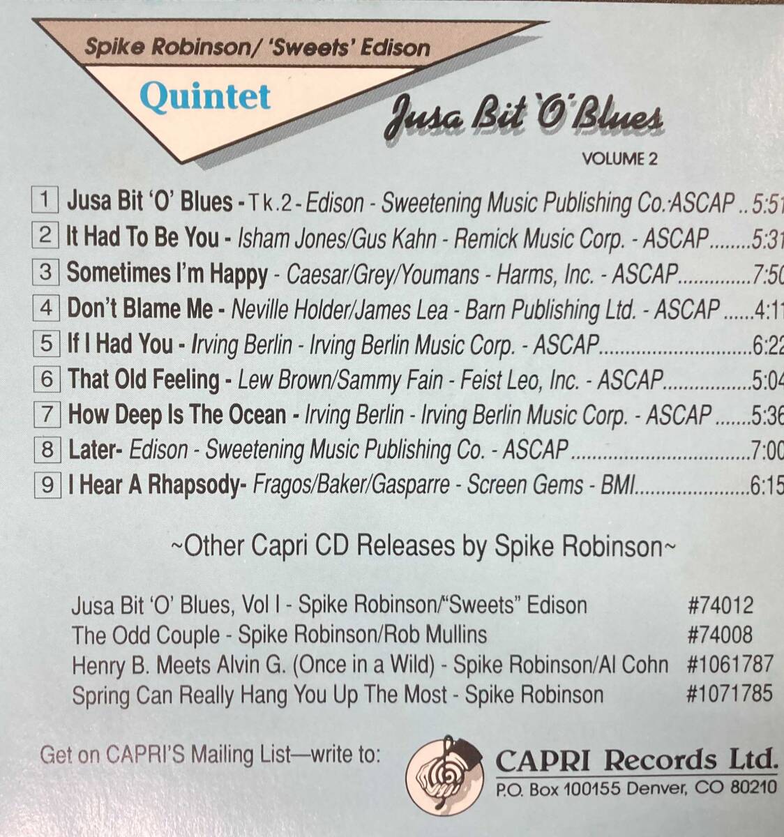  Spike Robinson Quintet & Harry 'Sweets' Edison / Jusa Bit 'O' Blues 中古CD　輸入盤_画像5