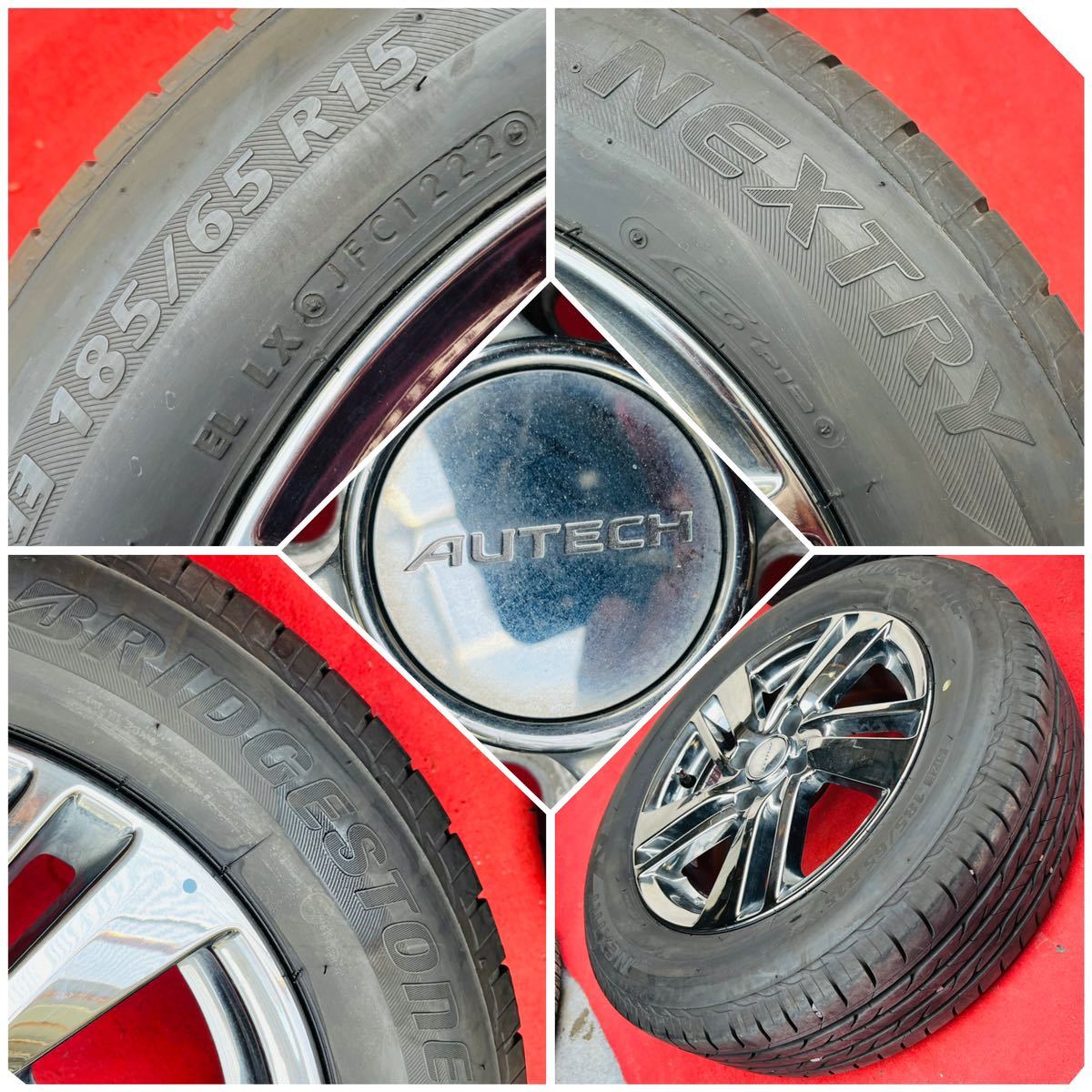 ENKEI製。AUTECH オーテックNISSAN 日産純正 15インチ×5.5J+40 PCD100 4Hメッキ BRIDGESTONE 185/65R15ラジアル4本。E12ノートライダー☆の画像7