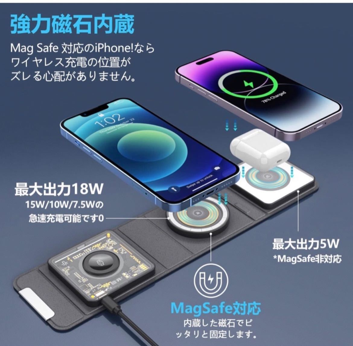 【折り畳み式】3in1ワイヤレス充電器 - Apple Watch充電器 磁気充電スタンド_画像3