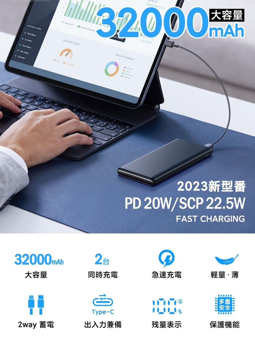 【32000mAh大容量&超薄型新登場】モバイルバッテリー 大容量 22.5W 急速充電 2台同時充電_画像2