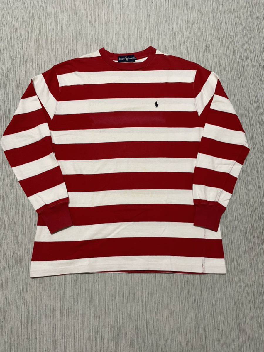 POLO RALPH LAUREN ポロ ラルフローレン 赤 白 ボーダー ウォーリー 長袖 シャツ ロンT ロゴ ポニー ワンポイント L 肉厚 RRL RLX sport