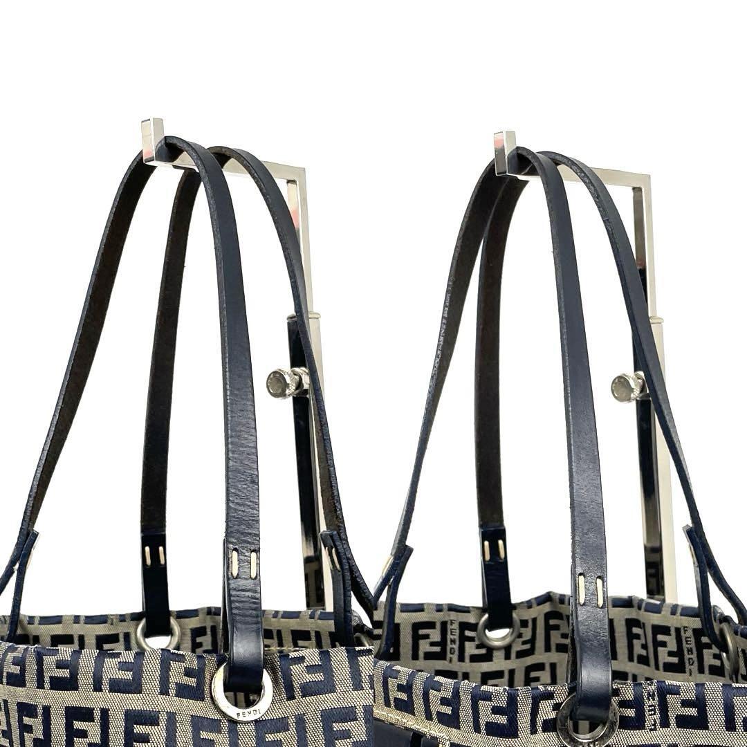 901■FENDI フェンディ ハンドバッグ ズッカ柄 ズッキーノ ミニトート ネイビー系 キャンバス レザー FF ロゴ トートバッグ ユニセックス