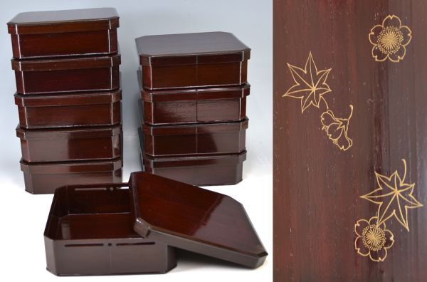 あなたにおすすめの商品 陶△「桐 雲錦 四方 渕高 拾人前」 茶道具 菓子器 干菓子 漆芸 漆器 梅 紅葉 縁高 十客 雲金蒔絵 共箱 住田陶漆器店製 y92269846 重箱