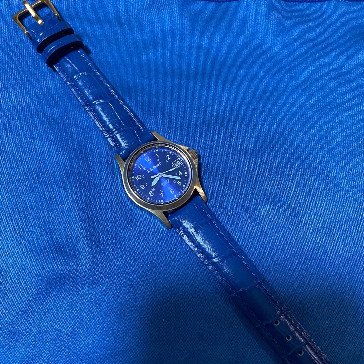 ★レア！　L.L.Bean エルエルビーン　腕時計　レディース/ブルー文字盤・イエローゴールド色・レザーベルト
