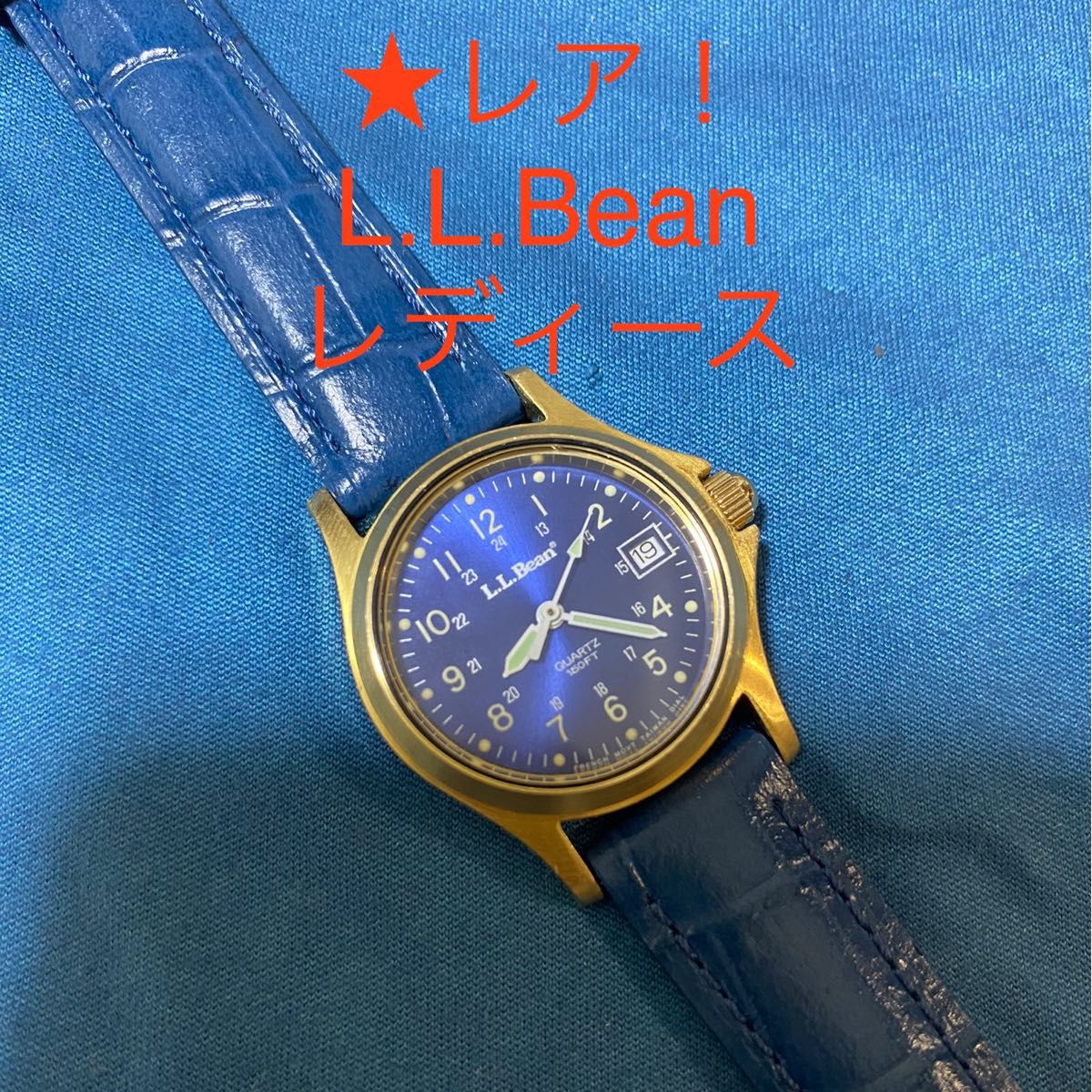 ★レア！　L.L.Bean エルエルビーン　腕時計　レディース/ブルー文字盤・イエローゴールド色・レザーベルト