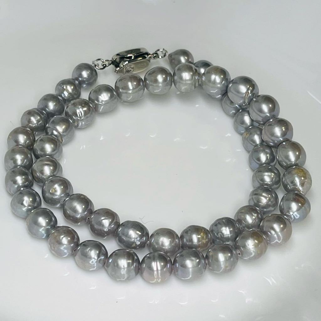 本真珠ネックレス 8-9mm グレー系 真珠ネックレス パール 艶やか 本真珠 留め具部分SILVER刻印あり バロックパール 43cm