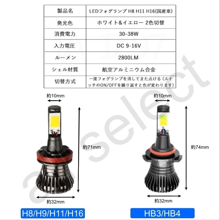 HB3/HB4 LED フォグランプ 2色切替 カラーチェンジ 3000kイエロー/6000kホワイト LEDバルブ ツインカラー_画像2