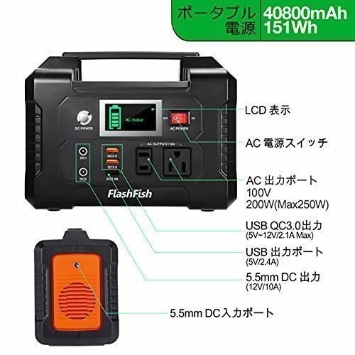 ポータブル電源 大容量 小型発電機 40800mAh/151Wh AC(200W 瞬間最大250W)_画像2