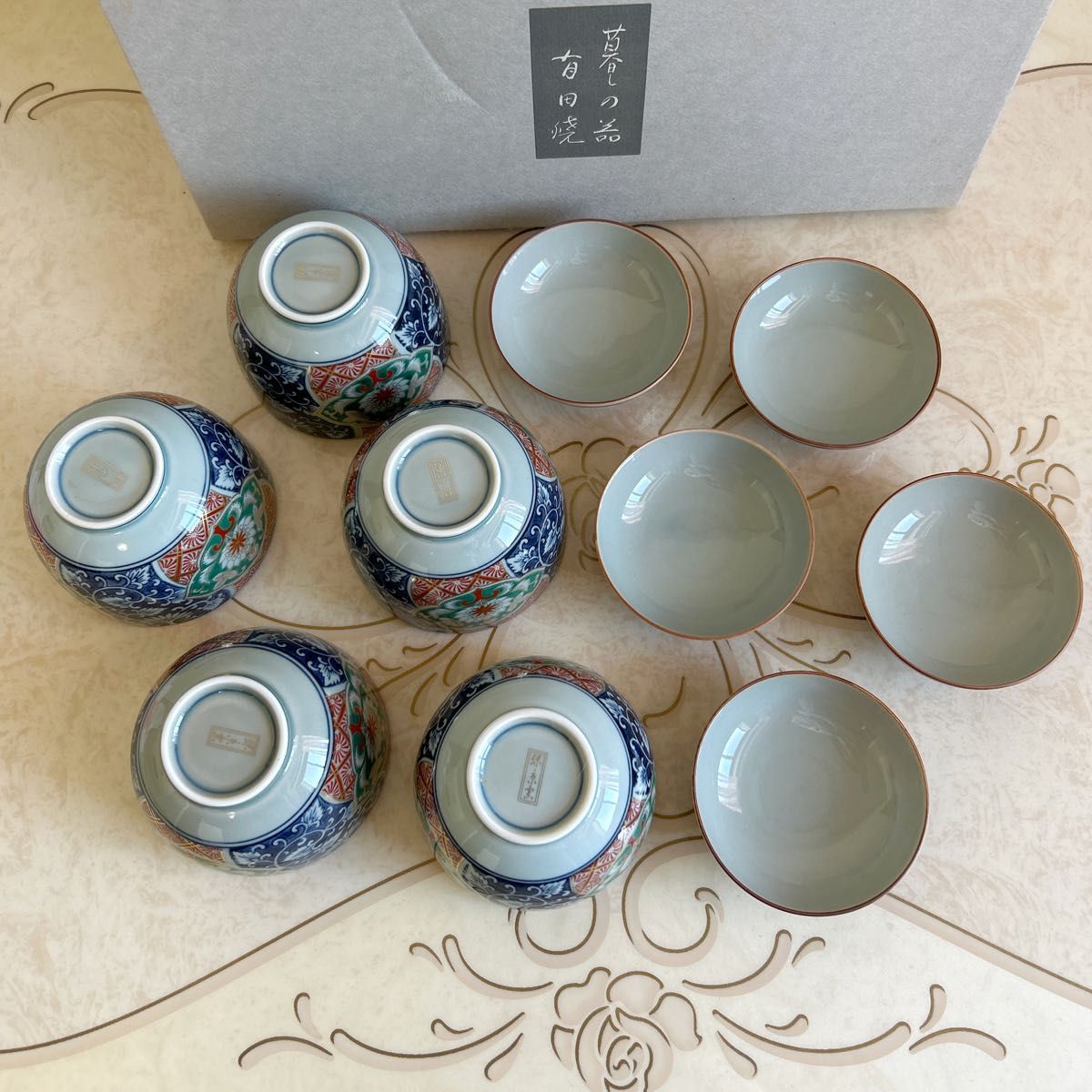 有田焼 緑京窯 蓋付き碗揃 5客セット 茶碗蒸し器 小丼 金彩古 有田焼 緑京窯 蓋付き碗揃 5客セット 茶碗蒸し器 小丼 金彩古