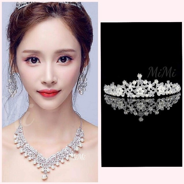  large grain pearl earrings * necklace * Tiara 3 point set wedding wedding wedding accessory u Eddie ng jewelry 