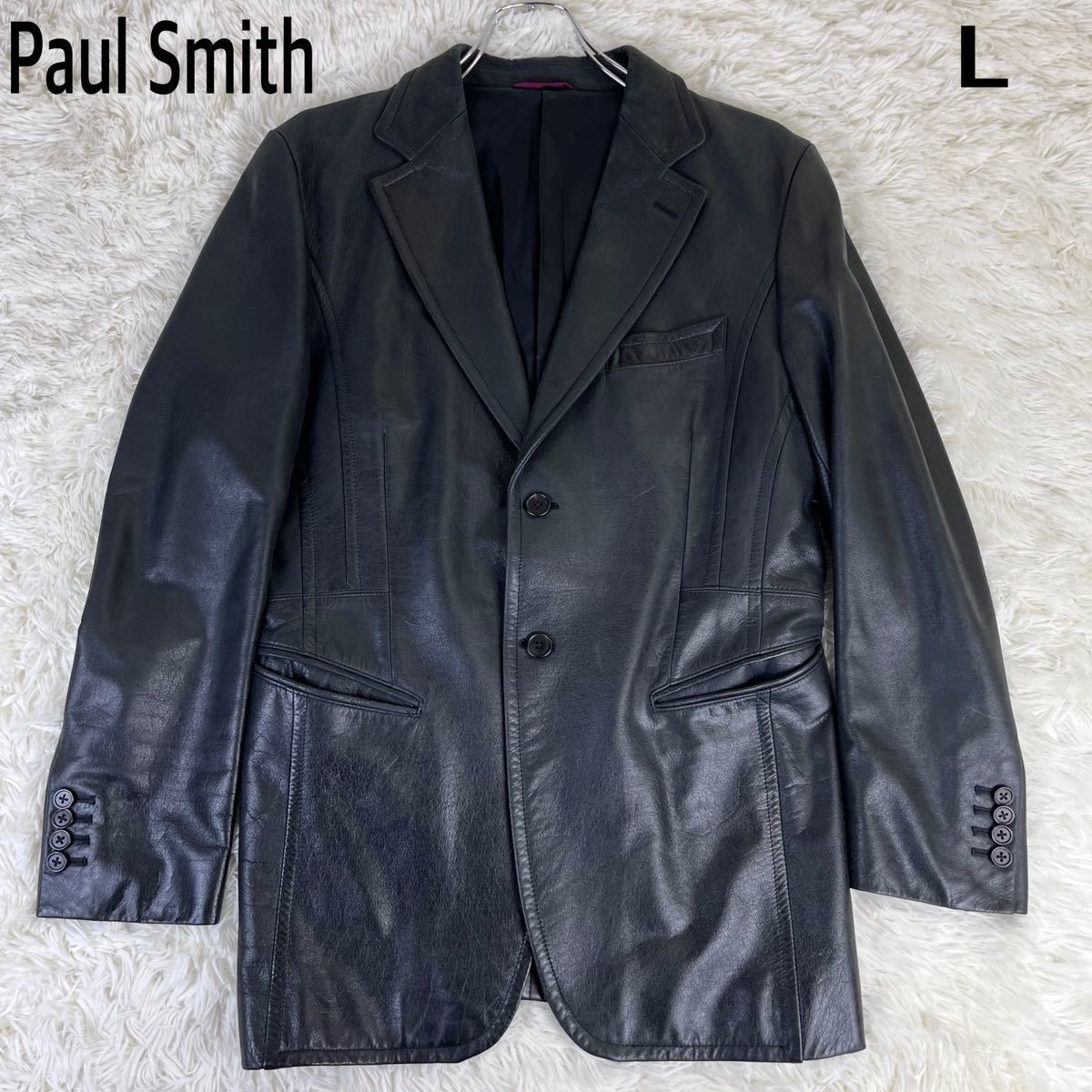 ポールスミス　牛革レザー　テーラードジャケットL ブラック　メンズスーツ　本革2釦 レザージャケット