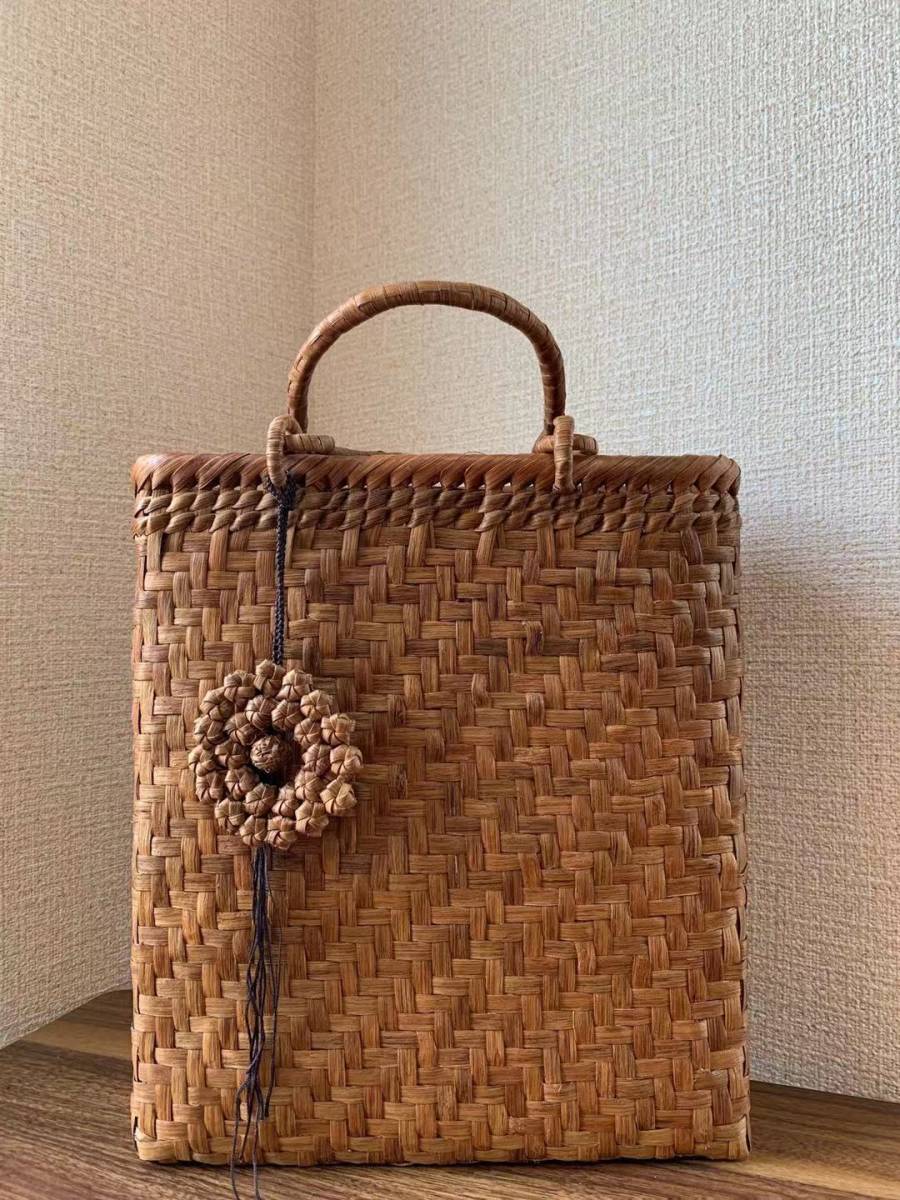 山葡萄　山葡萄かごバッグ　手作り　山葡萄籠バッグ　網(wǎng)代編み　縦長タイプ　巾著タイプ內(nèi)布