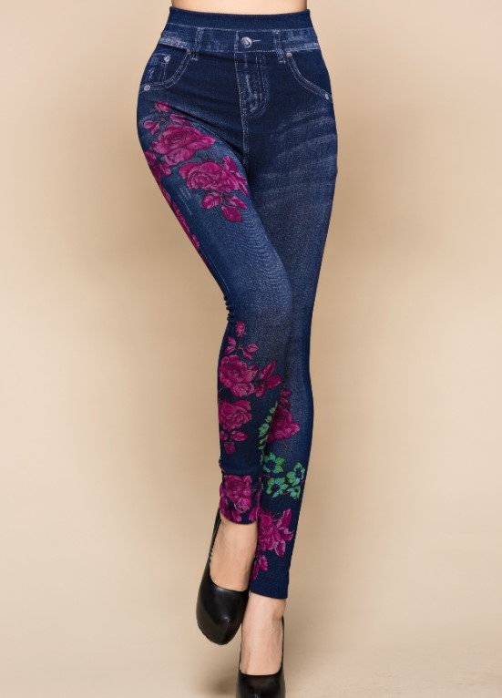  lady's rose floral print Denim manner leggings flexible stretch material 