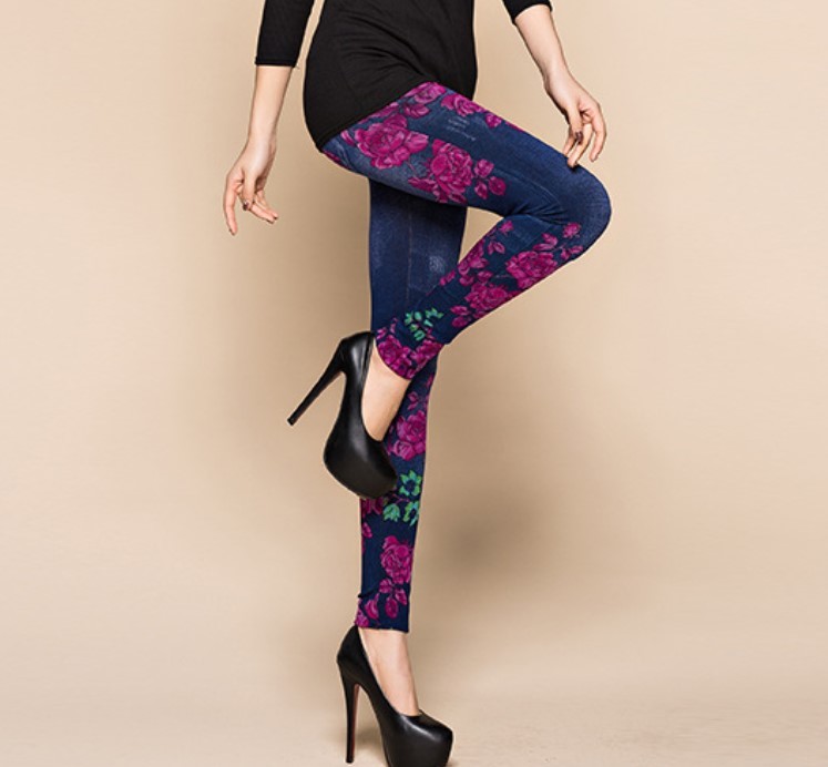  lady's rose floral print Denim manner leggings flexible stretch material 