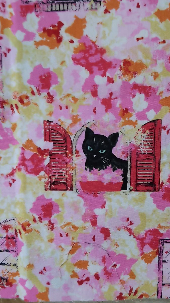 窓から顔を出す黒猫ちゃん♪オックス生地(ピンク)　長さ約50㌢　巾約110cm　ハギレ
