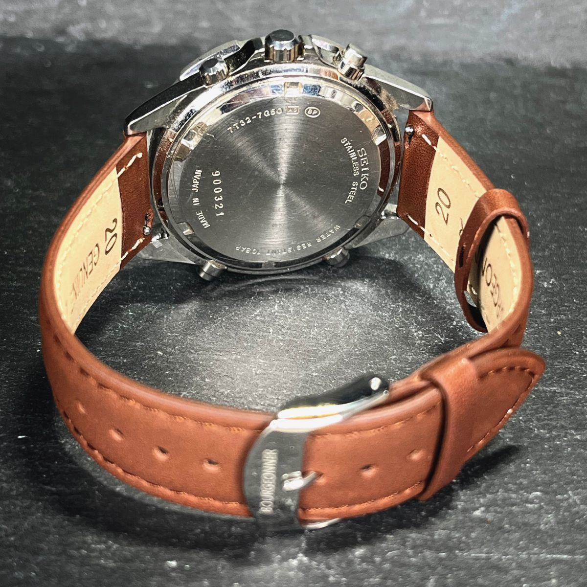 SEIKO セイコー 7T32-7G50 メンズ 腕時計 アナログ クオーツ クロノグラフ デイト ブラック文字盤 シルバー レザーベルト ブラウン_画像6