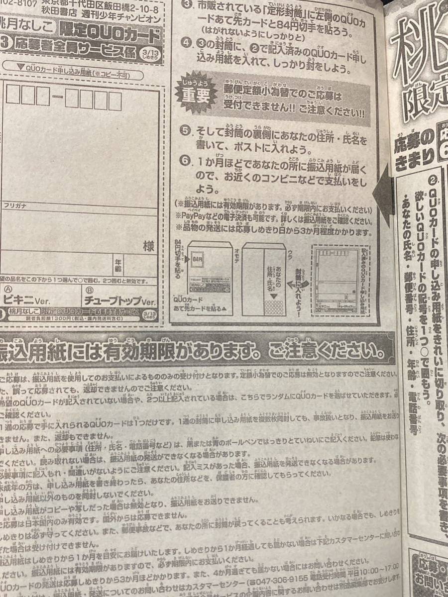 2枚セット★週刊少年チャンピオン 13号 桃月なしこ クオカード 応募用紙 応募券 全プレ 応募者全員サービス_画像2