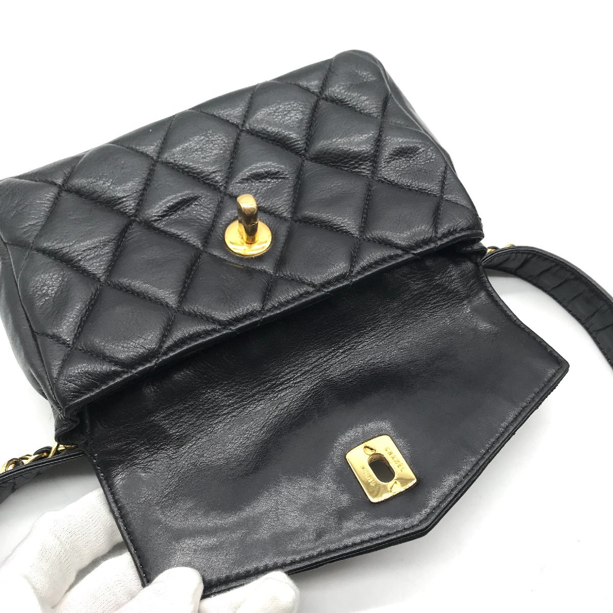 1円 CHANEL シャネル ココマーク ターンロック マトラッセ ラムスキン ウエスト ポーチ バッグ ブラック a2183_画像8