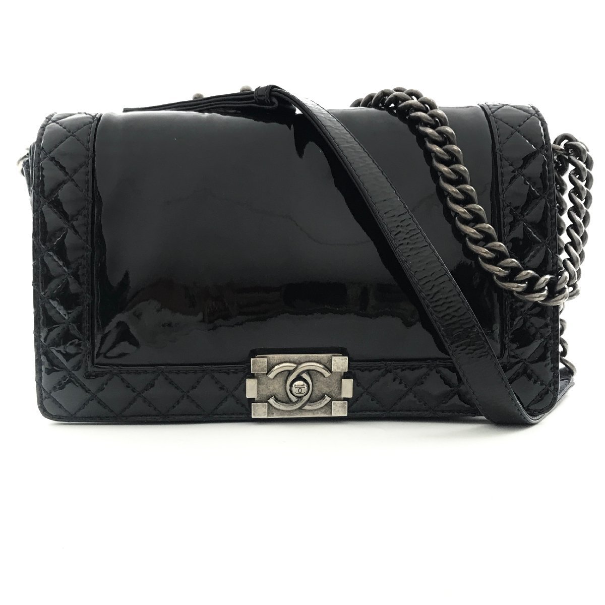 CHANEL ボーイ シャネル ココマーク エナメル チェーン ショルダー バッグ ブラック 良品 k158_画像1