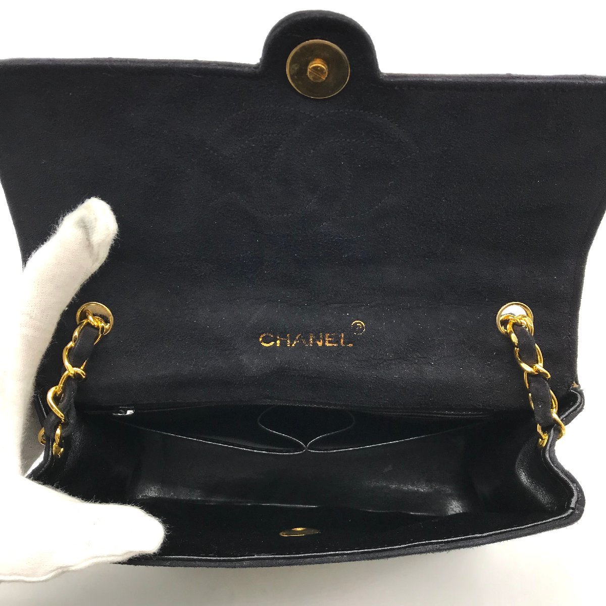 CHANEL シャネル ココマーク ウェーブ ステッチ スエード チェーン ショルダー バッグ ブラック 良品 a2213_画像7