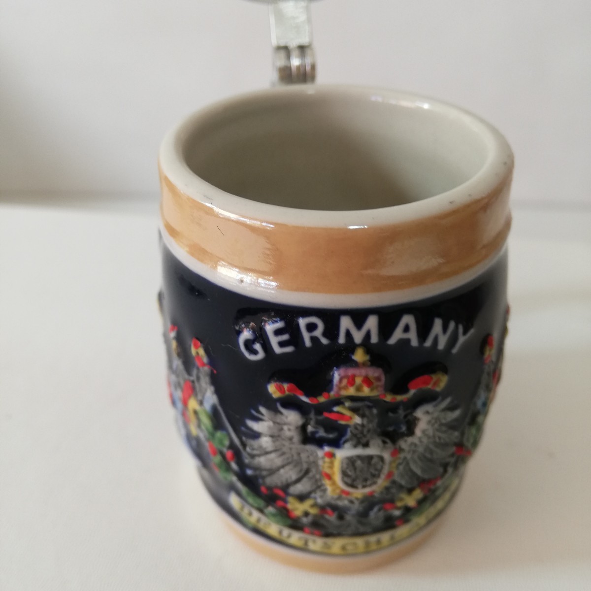 GERMANY DEUTSCHLAND ドイツ製 陶器製 ミニサイズ ビアマグ ビアジョッキ 高さ10.8cm [ビンテージ コレクション 置物 錫 蓋付き]の画像4