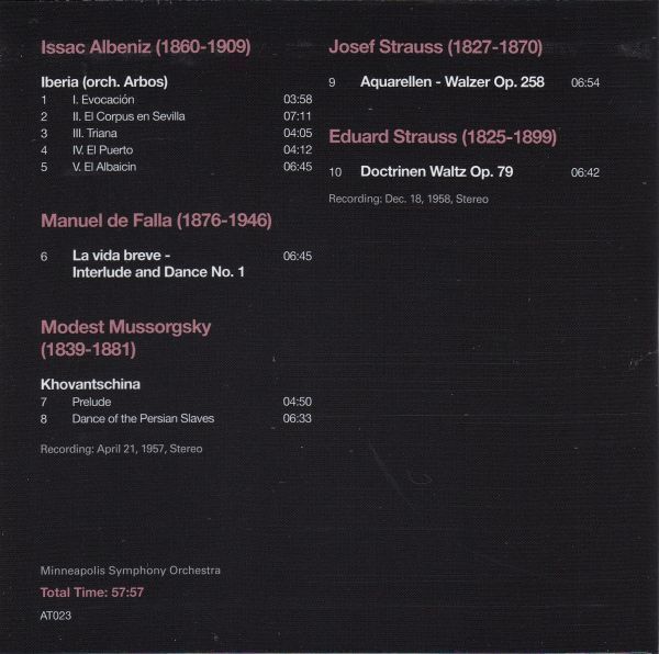 [CD/Artis]アルベニス[アルボス編]:イベリア他/A.ドラティ&ミネアポリス交響楽団 1957.4.21他_画像2