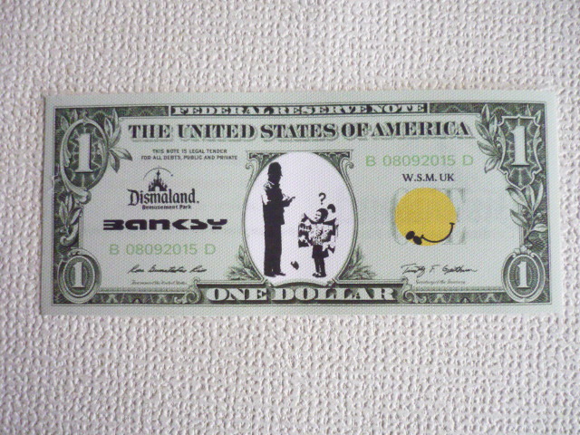  free shipping * Bank si-Banksy 1 dollar * genuine work guarantee * canvas cloth * autograph equipped *Dismalandtizma Land C9