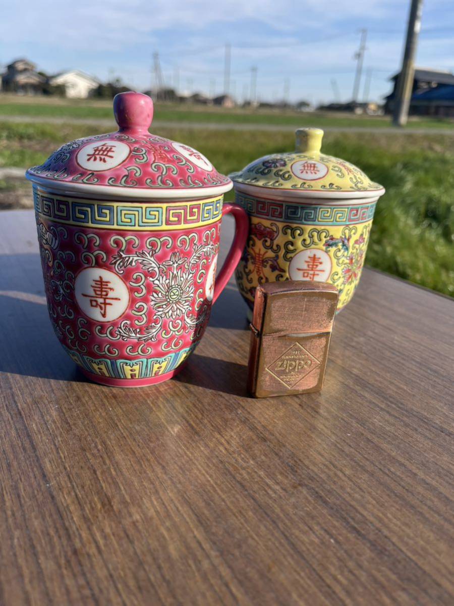 中国　景徳鎮　花柄マグカップ 蓋付 茶器 花唐草　2脚セット_画像8