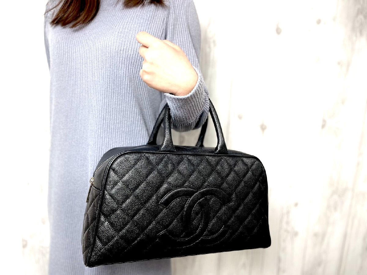 極美品 CHANEL シャネル キャビアスキン マトラッセ ココマーク ハンドバッグ ミニボストン バッグ 黒 68626_画像1