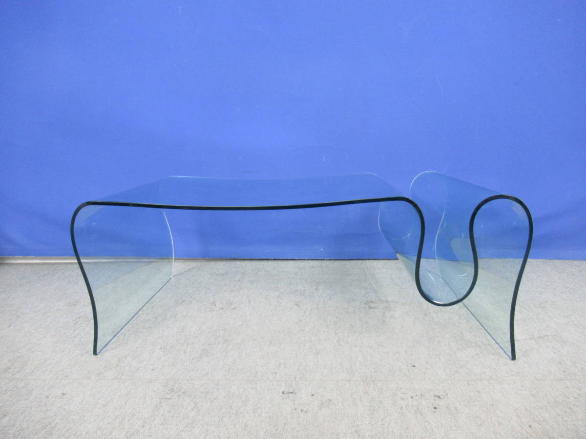 高級！イタリア製シンプルモダン 曲げガラステーブル W110cm オールガラス 強化ガラス 一枚ガラス加工 耐荷重80kg センターテーブル 職人技_画像2