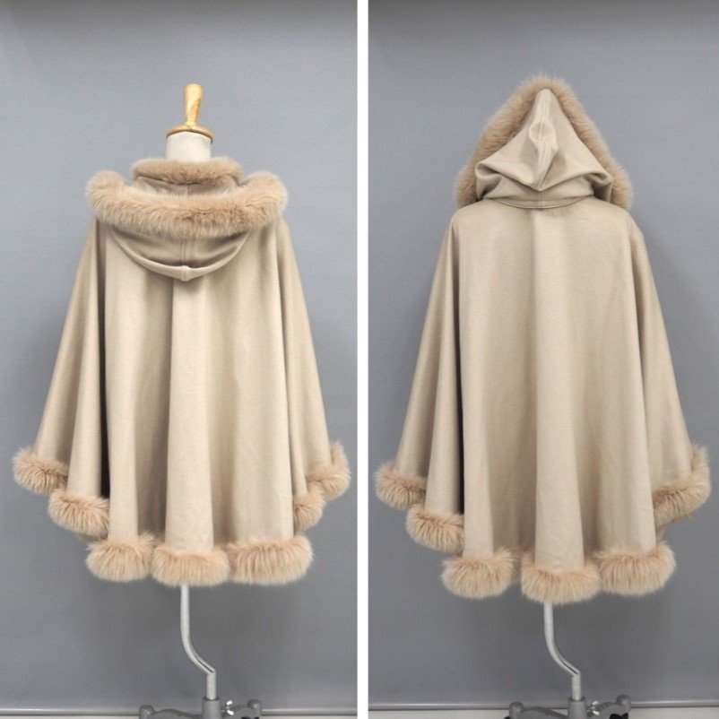 美品【 ファー付リボン仕様★￥1000～ 】高級毛皮　カシミヤ100％×フォックス◆大判ケープ　着丈：78cm丈　フード付　ベージュ◆T579T_画像4