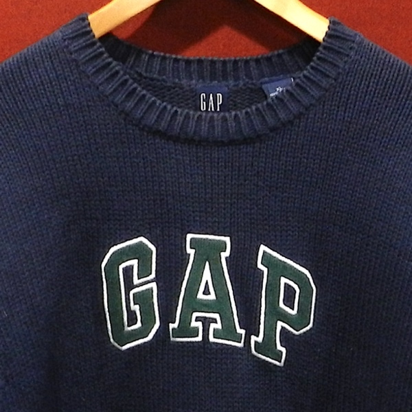 GAP ギャップ 90's 香港製 オールド ビンテージ ロゴ コットン ニット セーター 紺 / 緑 レディース 大きい XL_画像3