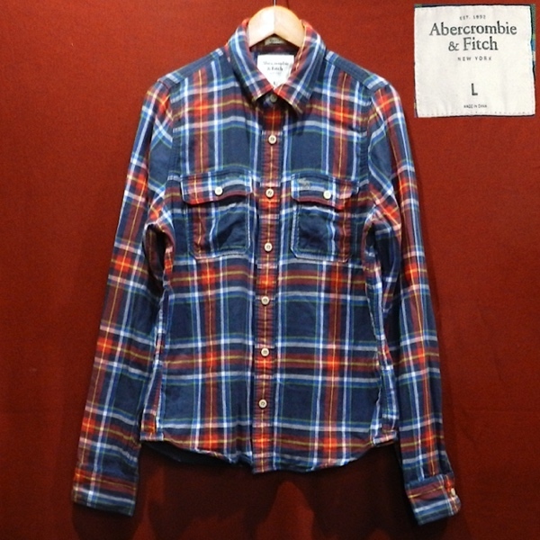 Abercrombie&Fitch アバクロンビー&フィッチ 大柄 チェック ロゴ 長袖シャツ ネルシャツ デザインシャツ ドレスシャツ 赤 紺 緑 青 白 L_画像1