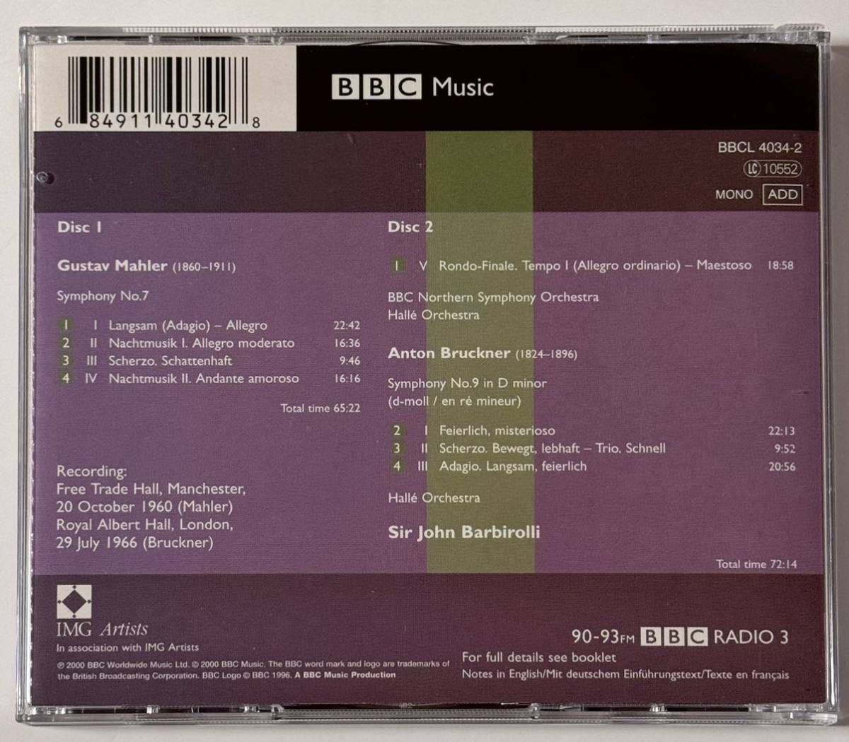 （BBC LEGENDS 20BIT）バルビローリ　マーラー：交響曲第７番　ブルックナー：交響曲第９番　BARBIROLLI 2CD_画像2