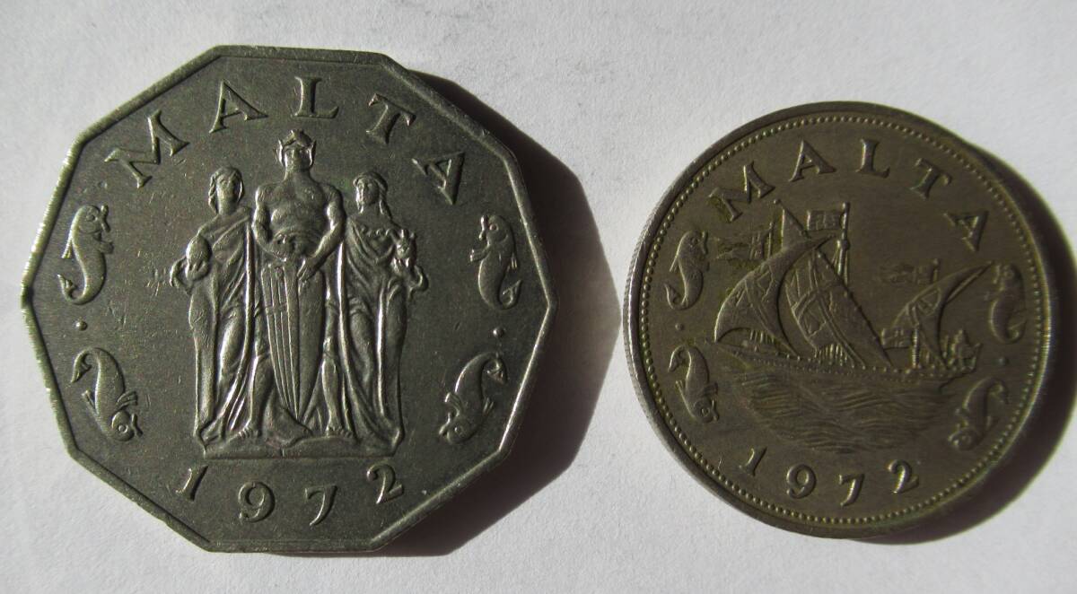 [海外硬貨] マルタ 1972年 50セント硬貨×1枚 10セント硬貨×1枚 計２枚 /マルタ共和国 Malta 外国コイン 記念硬貨 ユーロ_画像1
