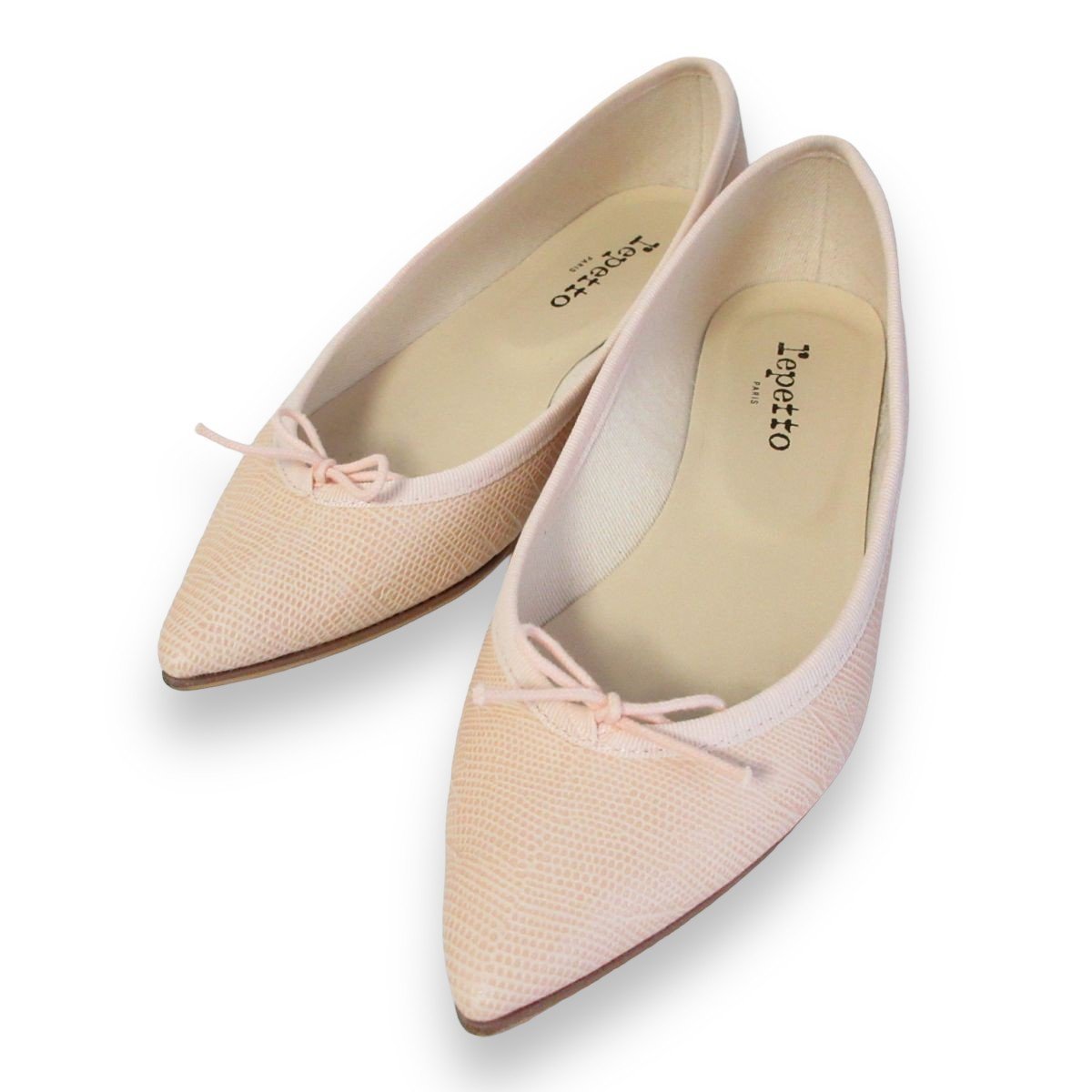 美品 Repetto レペット BRIGITTE BALLERINA 型押しレザー リボン ポインテッドトゥ バレエシューズ パンプス 36 1/2 約23.5cm ベージュ