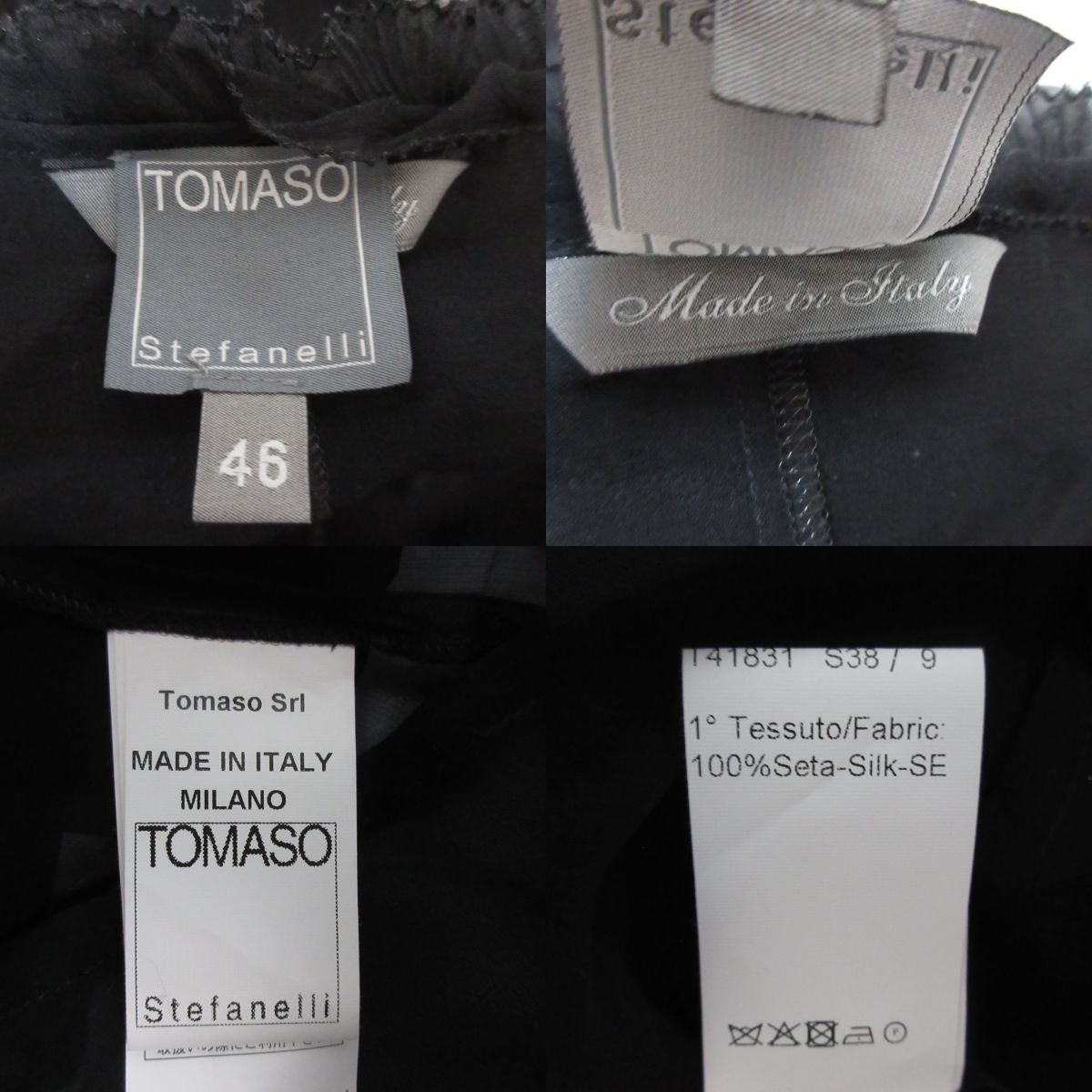 美品 TOMASO stefanelli トマソステファネリ シルク100％ フリルカラー シアー 長袖 シャツ ブラウス サイズ46 ブラック_画像7