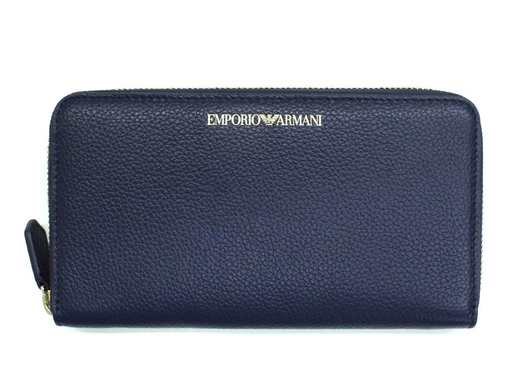 7万新品◆EMPORIO ARMANI アルマーニ 紺青ロゴ入りレザーラウンドジップ長財布1円_画像2