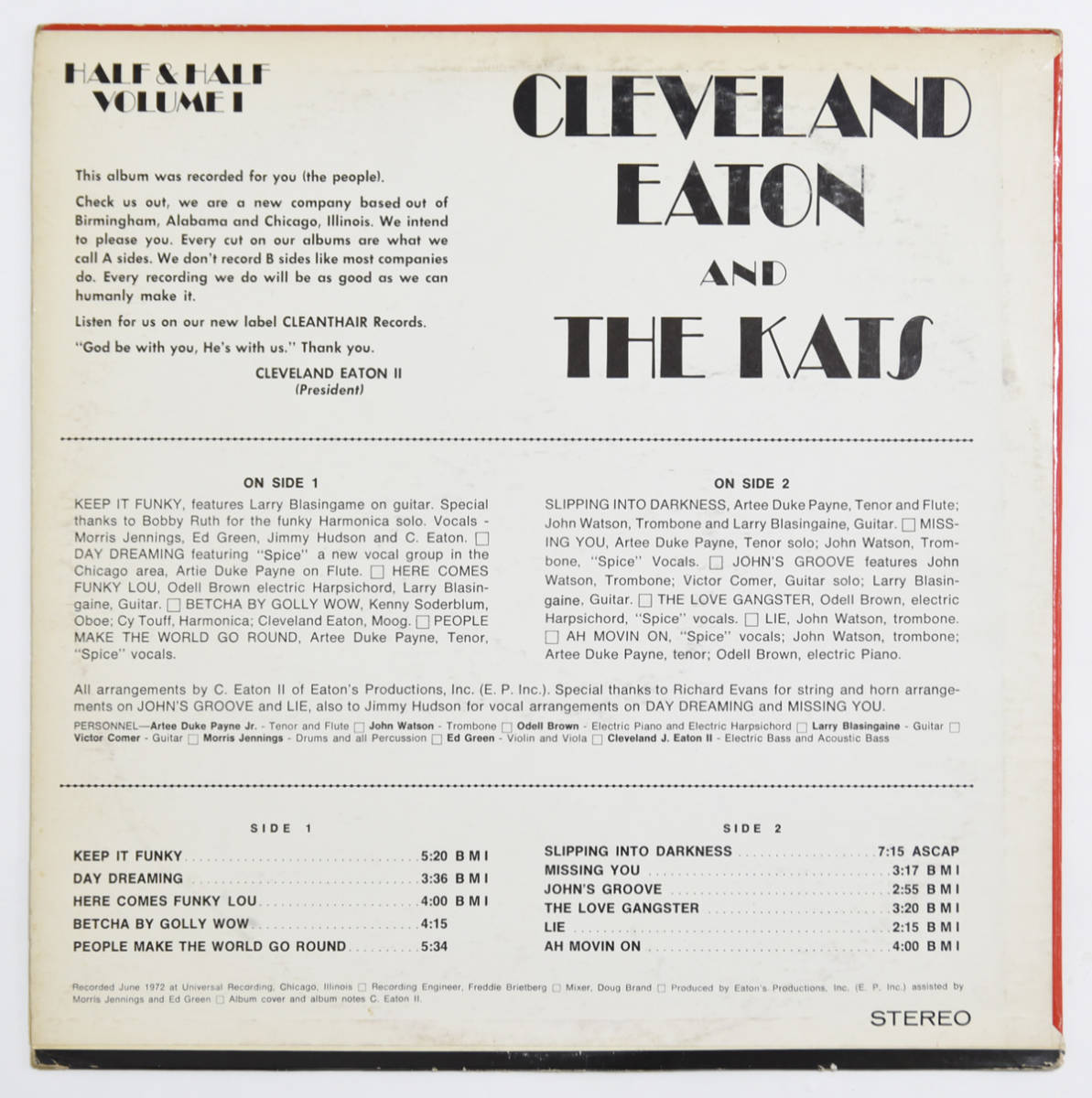 激レア Cleveland Eaton And The Kats / Half And Half Volume 1 オリジナル盤 1972年　LPレコード 試聴可 Cle An Thair Records_画像2