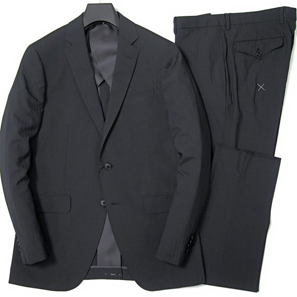 新品 スーツカンパニー 春夏 シルク混 ウール ストライプ スーツ A7 (LL) 黒 【J51567】 メンズ ジャケット スラックス サマー トロピカル_画像1