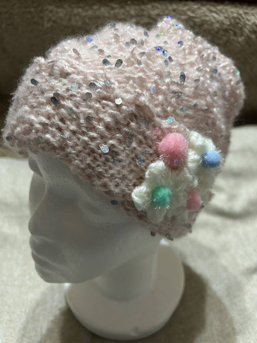 手編み柄編み　毛糸帽子・デザイン帽子ハンドメイド ワンポイント　ピンク_画像1