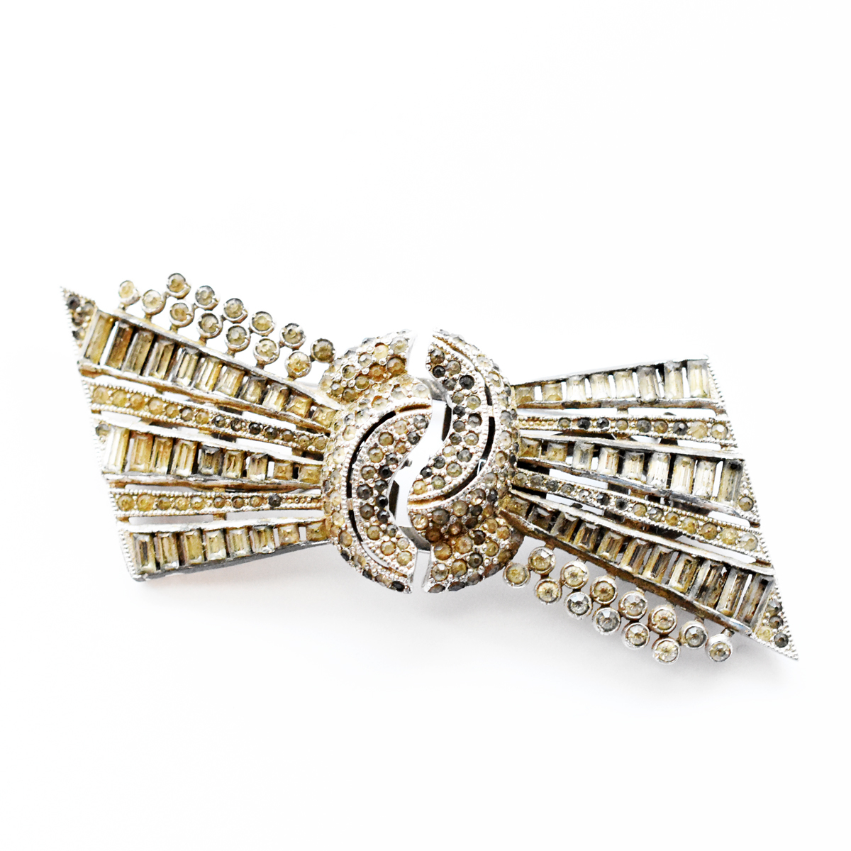 Vintage　Coro Duette ribbon motif　２WAY　rhinestone clip＆brooch