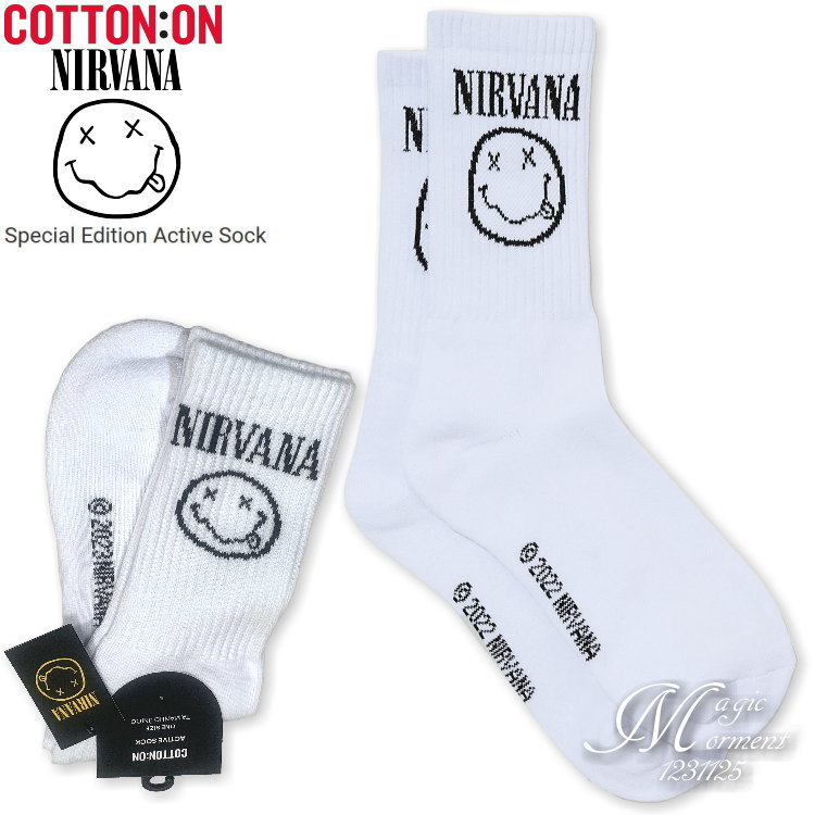 ★日本未発売 NIRVANA公認 ニルヴァーナ公式 COTTON ON USA コットンオン 限定販売 NIRVANA スマイリーロゴ入り クルーソックス 白 25-28cm_コットンオン限定NIRVANAロゴソックス