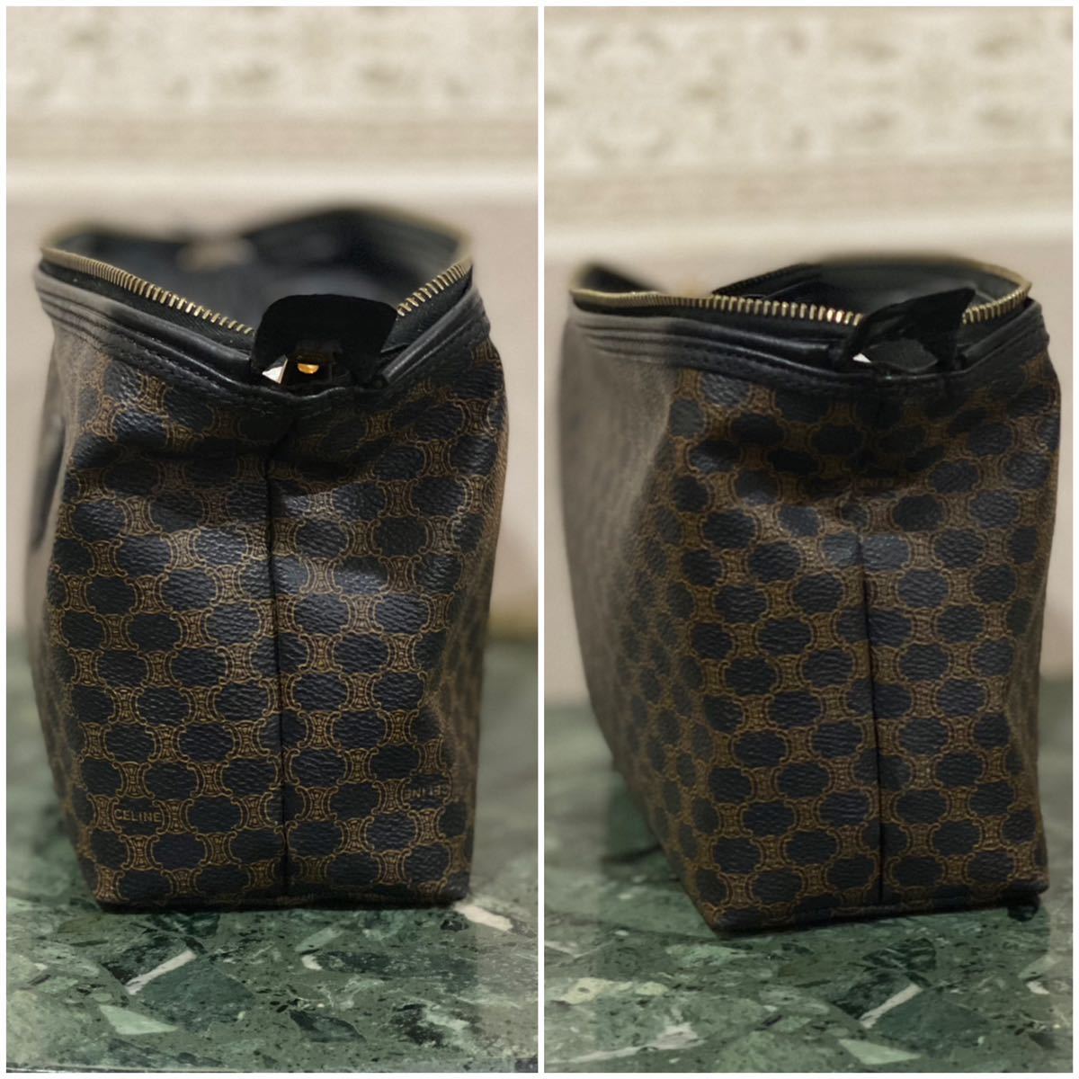 良品 VINTAGE OLD CELINE ポーチ マカダム ブラック PVC×レザー ブラゾン トリオンフ セカンドバッグ 小物入れ ヴィンテージバッグ_画像7