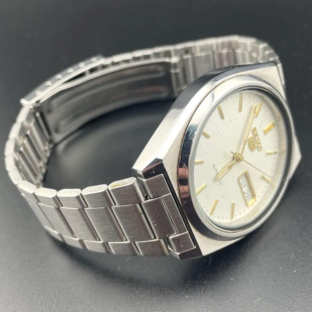 c233【セイコー5】SEIKO 金 ゴールド ホワイト オートマチック 自動巻き 7S26 ステンレス オイスターブレス カレンダー 時計 廃盤 38 20_画像3