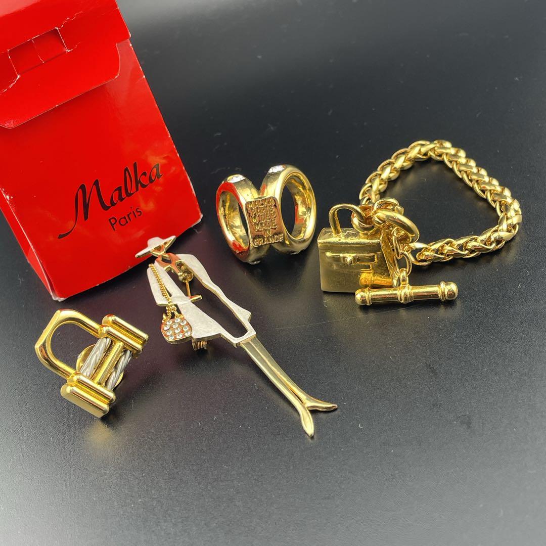 1円 c289【malka Paris】バックチャーム ブレス ブローチ ピン スカーフリング ゴールド ビジュ バック ピンバッチ キーホルダー 女優 4点_画像1